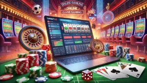 手机屏幕上炫彩赌博游戏app界面，显示老虎机转动与奖金爆棚。